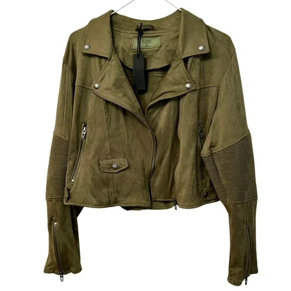 Blank NYC Faux Suede Moto Jacket in Olive Green • Size Large • NEW WITH TAGS - Picture 3 of 7